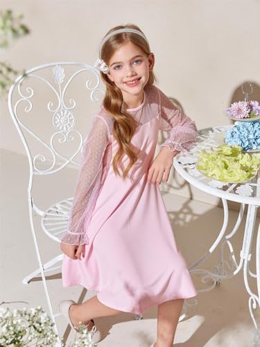 Haloumoning Girls Contrast Mesh Long Sleeve High Waist A Line Short Dress with Pockets 4-14 Years