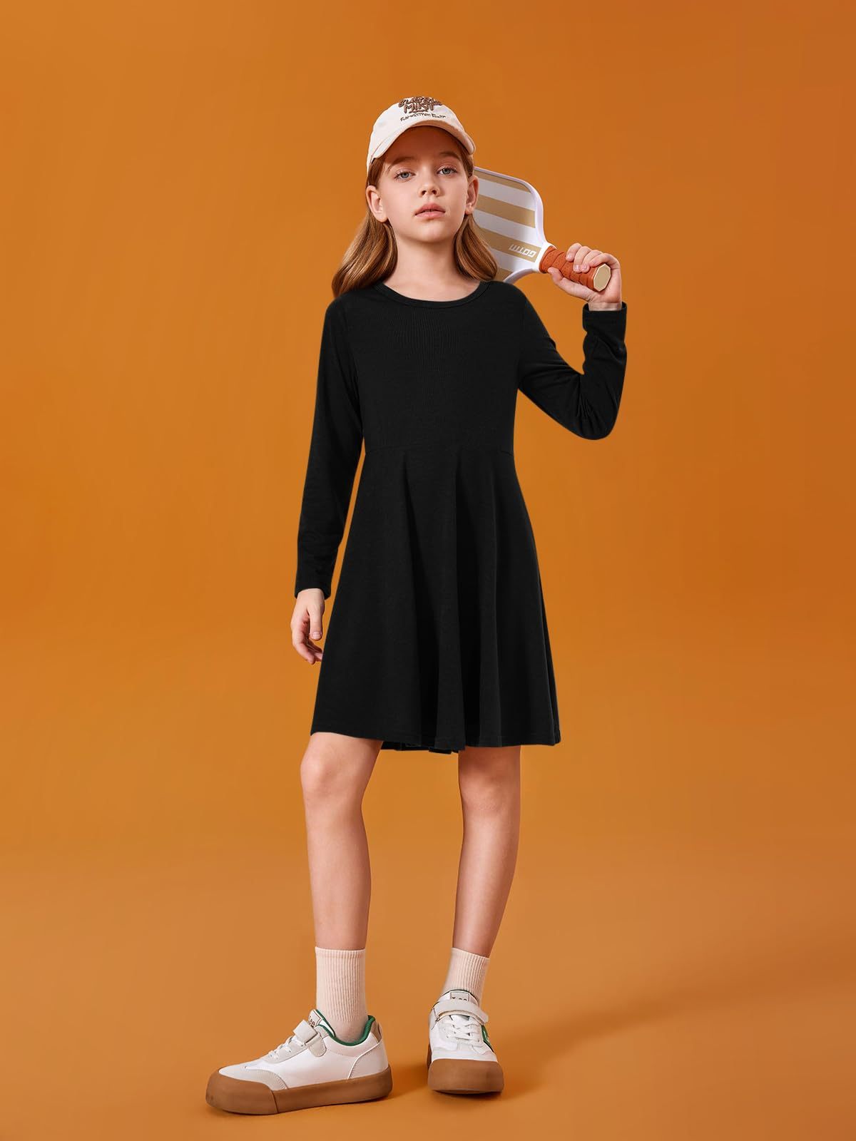 Haloumoning Girls Long Sleeve T-Shirt Dresses Kids Fall A-Line Twirly Skater Dresses 5-14 Years