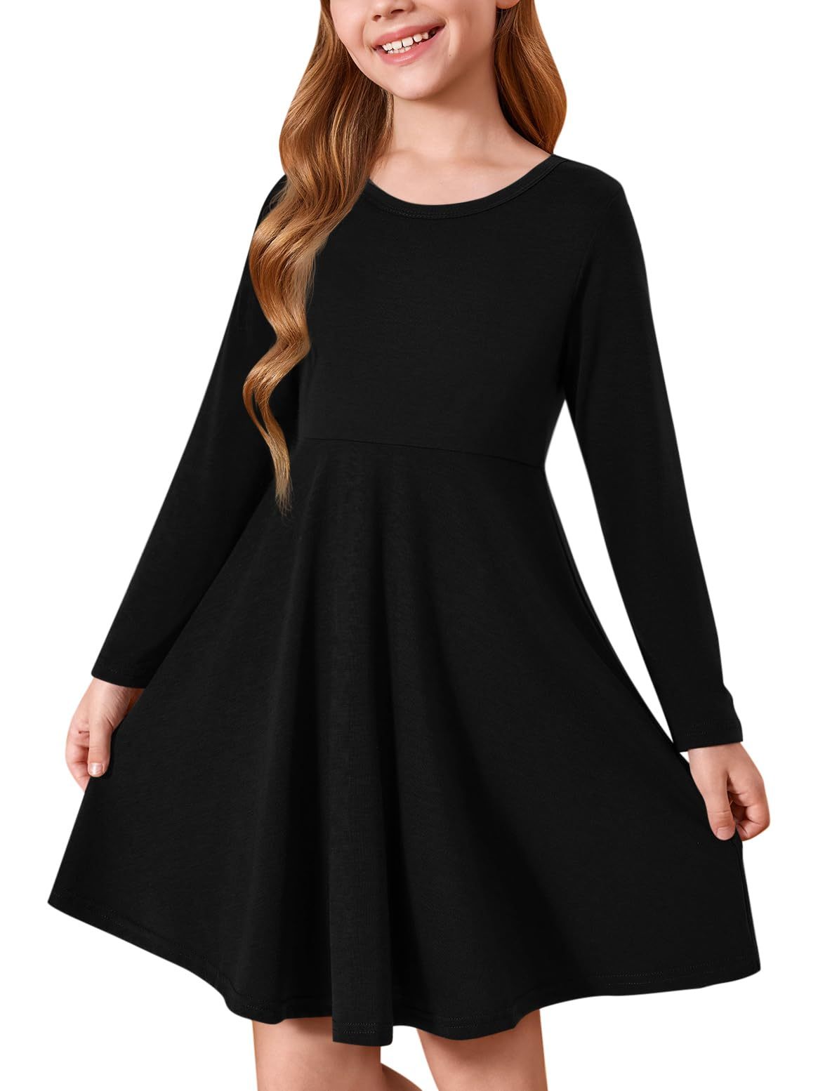 Haloumoning Girls Long Sleeve T-Shirt Dresses Kids Fall A-Line Twirly Skater Dresses 5-14 Years