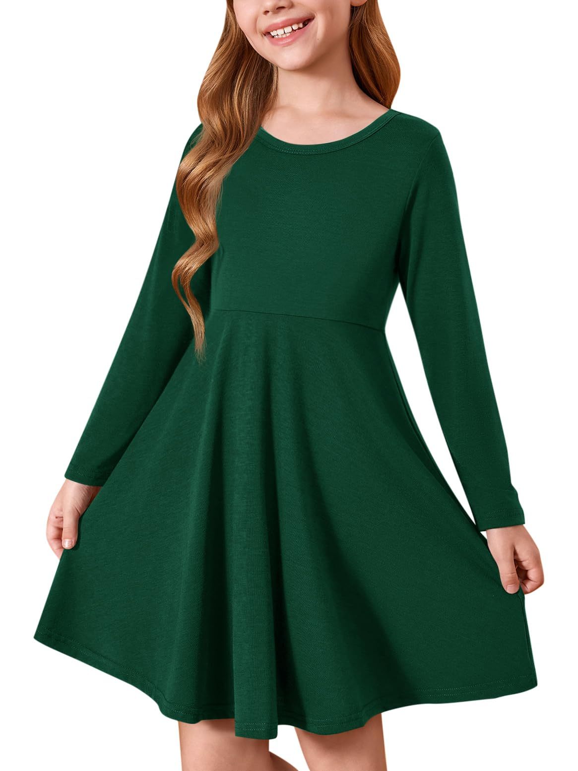 Haloumoning Girls Long Sleeve T-Shirt Dresses Kids Fall A-Line Twirly Skater Dresses 5-14 Years
