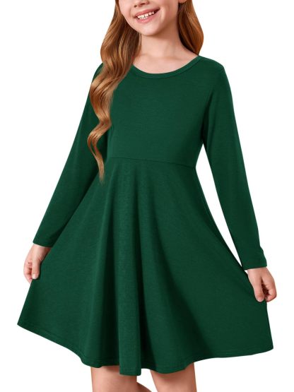 Haloumoning Girls Long Sleeve T-Shirt Dresses Kids Fall A-Line Twirly Skater Dresses 5-14 Years