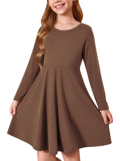 Haloumoning Girls Long Sleeve T-Shirt Dresses Kids Fall A-Line Twirly Skater Dresses 5-14 Years