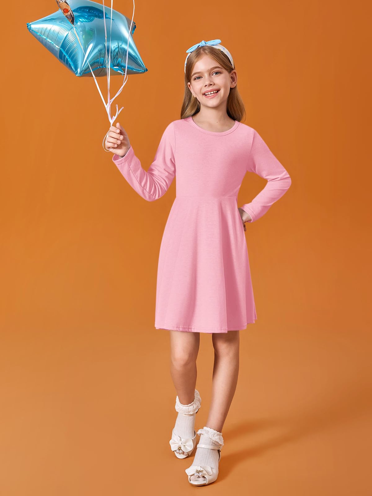 Haloumoning Girls Long Sleeve T-Shirt Dresses Kids Fall A-Line Twirly Skater Dresses 5-14 Years