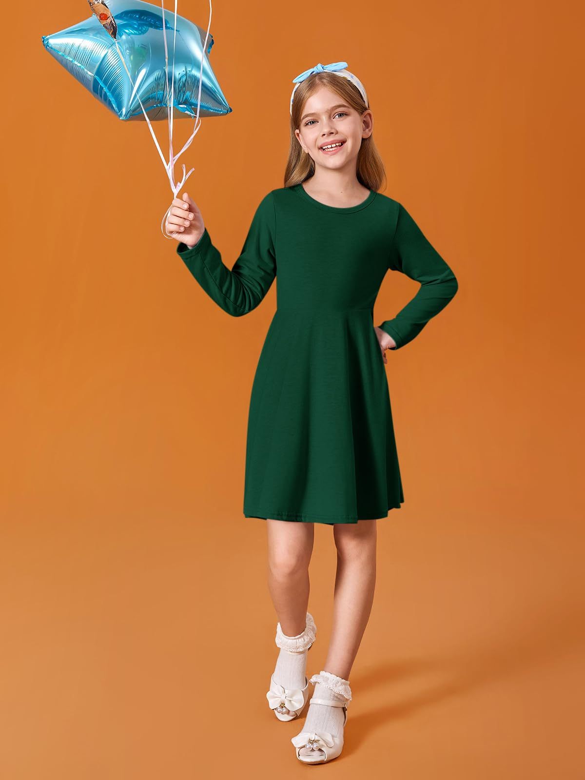Haloumoning Girls Long Sleeve T-Shirt Dresses Kids Fall A-Line Twirly Skater Dresses 5-14 Years