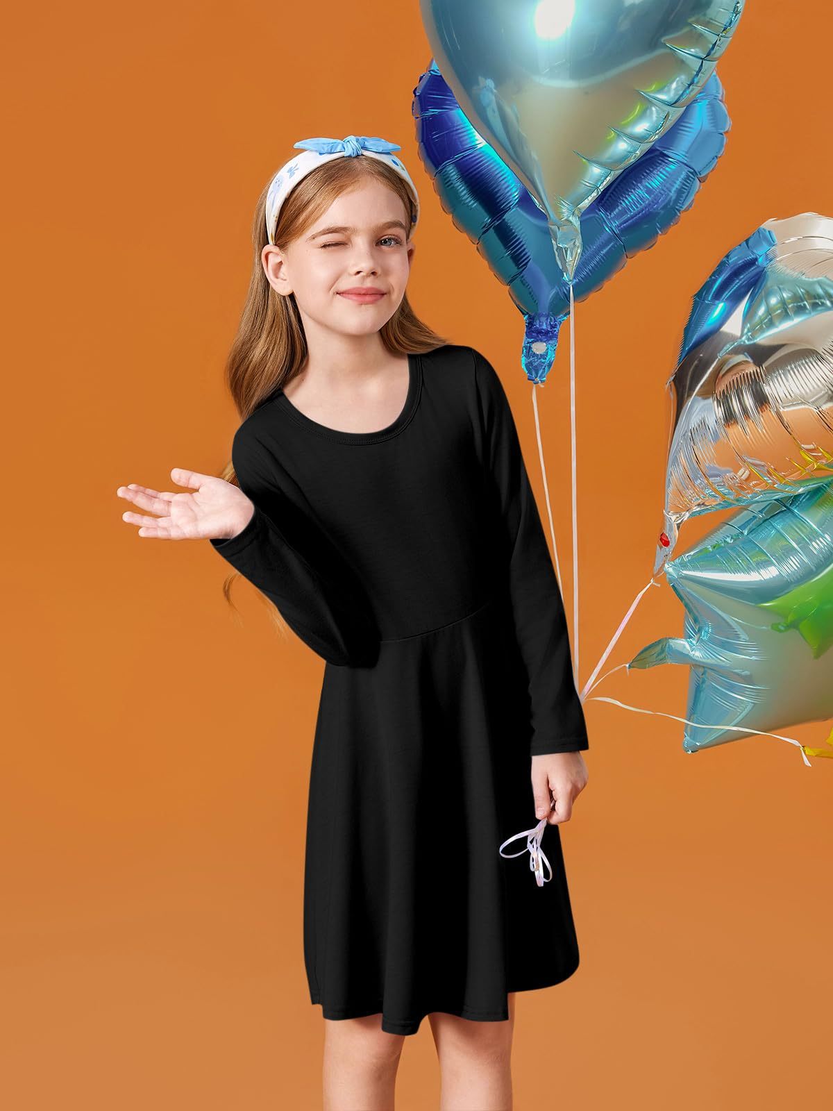 Haloumoning Girls Long Sleeve T-Shirt Dresses Kids Fall A-Line Twirly Skater Dresses 5-14 Years