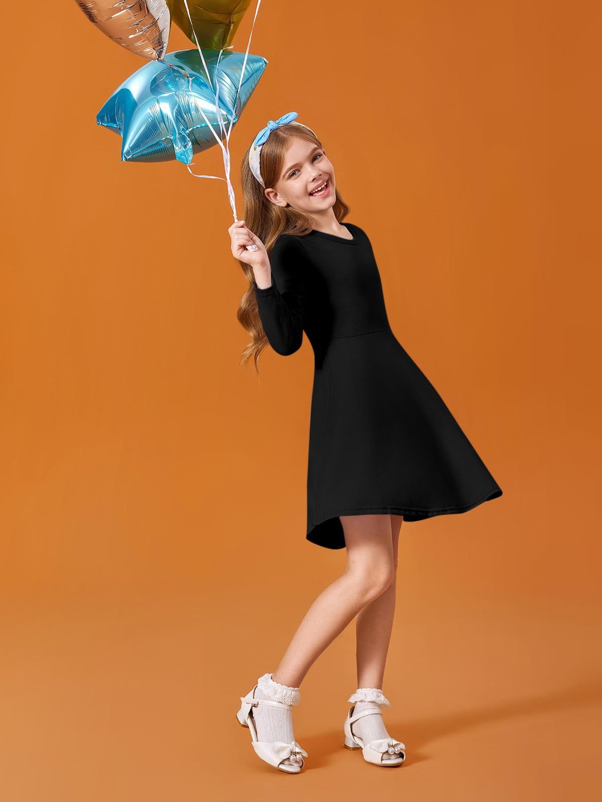 Haloumoning Girls Long Sleeve T-Shirt Dresses Kids Fall A-Line Twirly Skater Dresses 5-14 Years