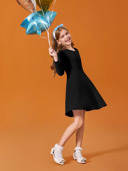 Haloumoning Girls Long Sleeve T-Shirt Dresses Kids Fall A-Line Twirly Skater Dresses 5-14 Years
