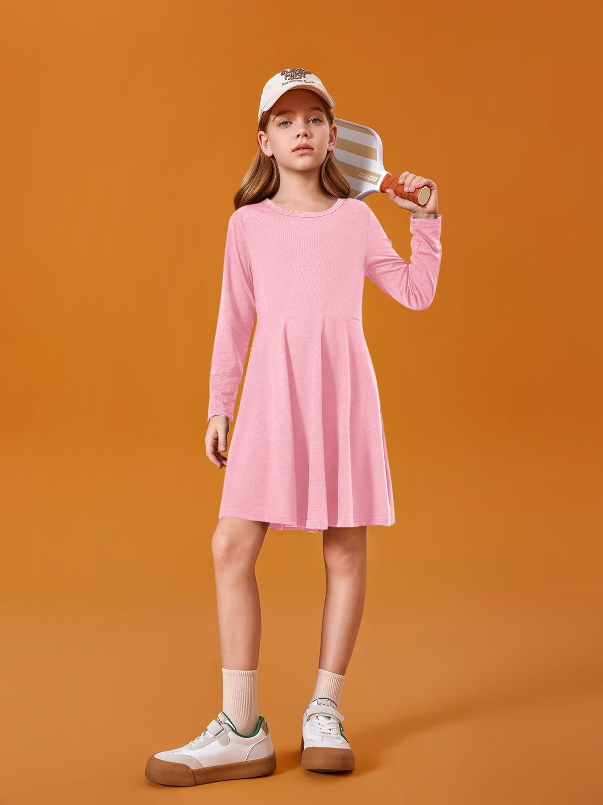 Haloumoning Girls Long Sleeve T-Shirt Dresses Kids Fall A-Line Twirly Skater Dresses 5-14 Years