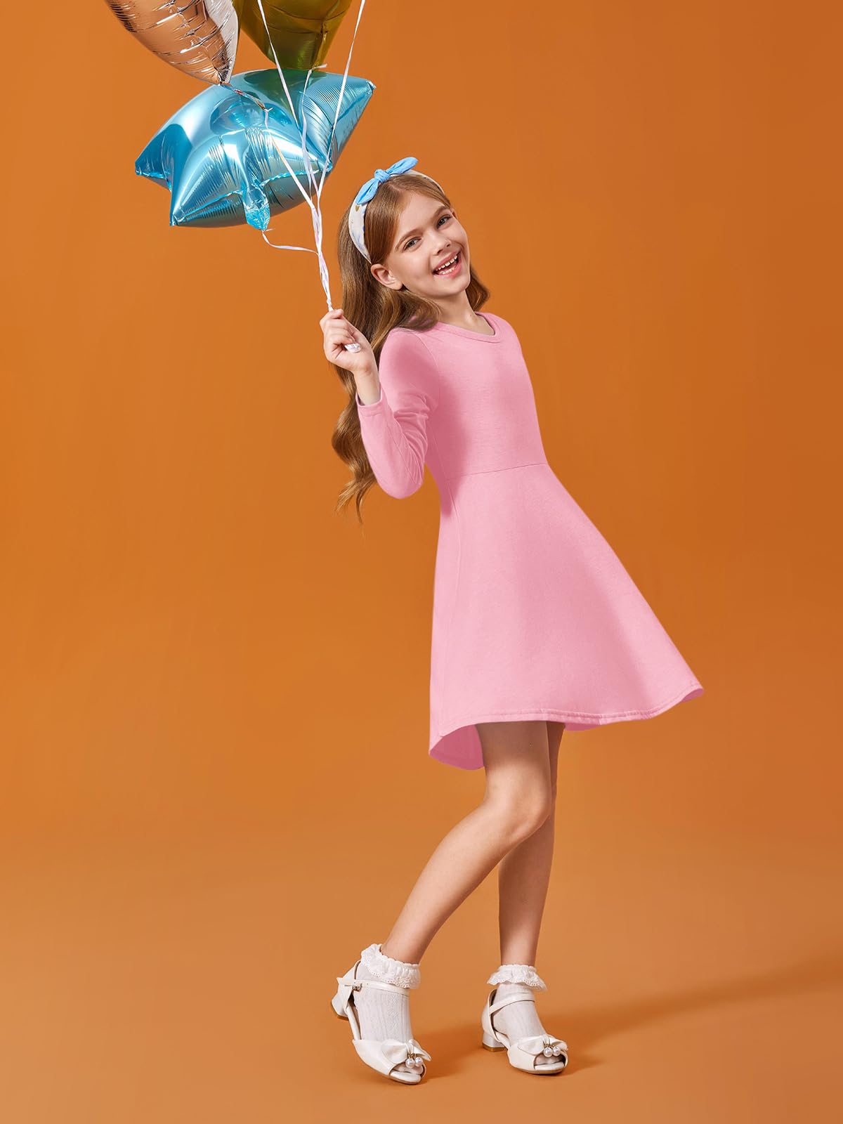 Haloumoning Girls Long Sleeve T-Shirt Dresses Kids Fall A-Line Twirly Skater Dresses 5-14 Years
