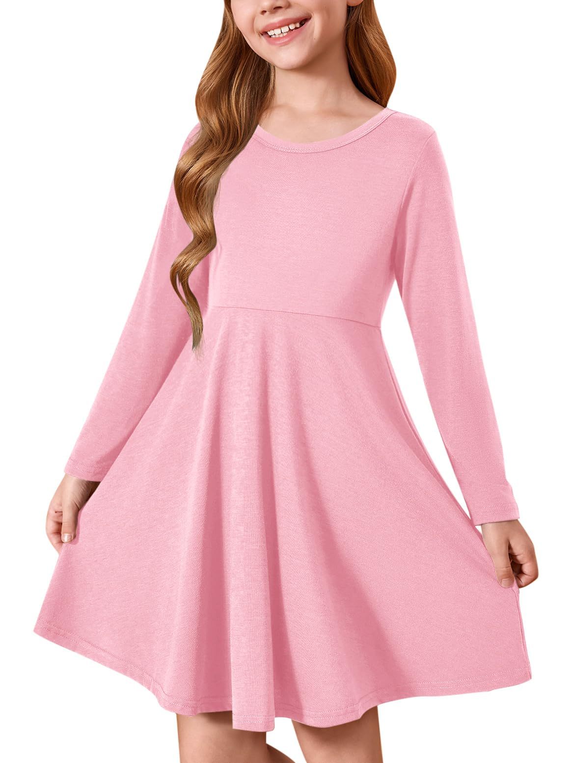 Haloumoning Girls Long Sleeve T-Shirt Dresses Kids Fall A-Line Twirly Skater Dresses 5-14 Years