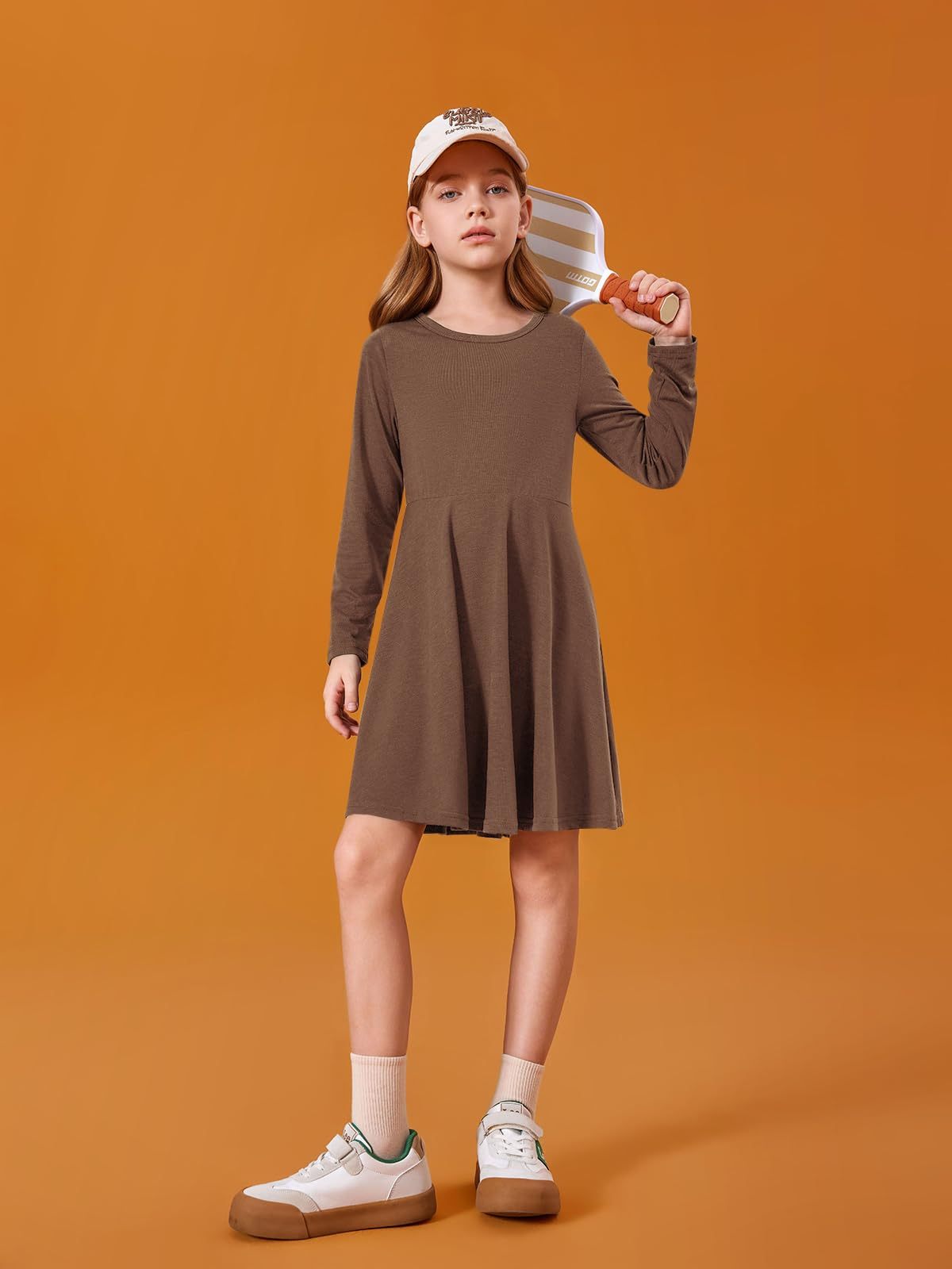Haloumoning Girls Long Sleeve T-Shirt Dresses Kids Fall A-Line Twirly Skater Dresses 5-14 Years