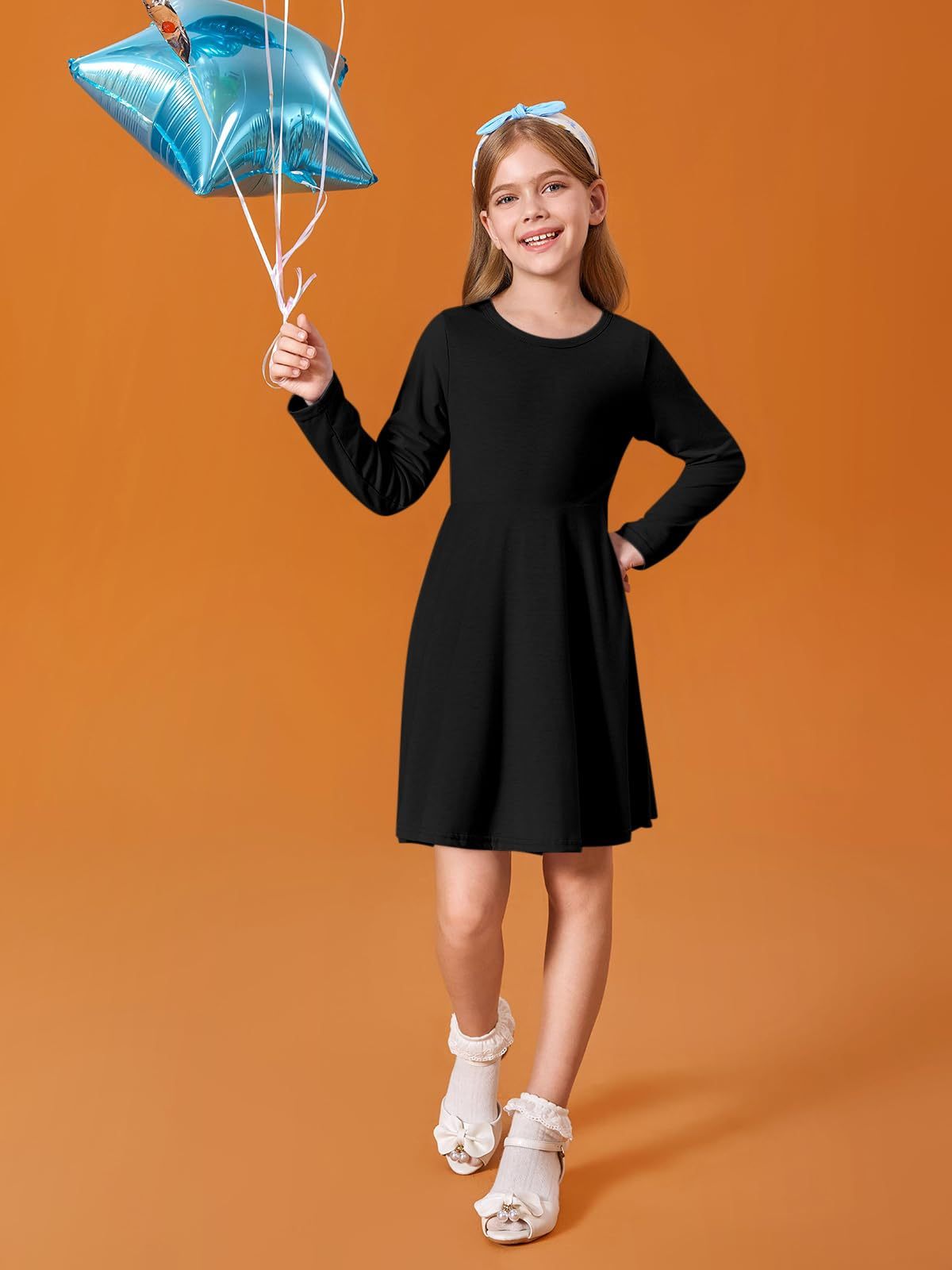 Haloumoning Girls Long Sleeve T-Shirt Dresses Kids Fall A-Line Twirly Skater Dresses 5-14 Years