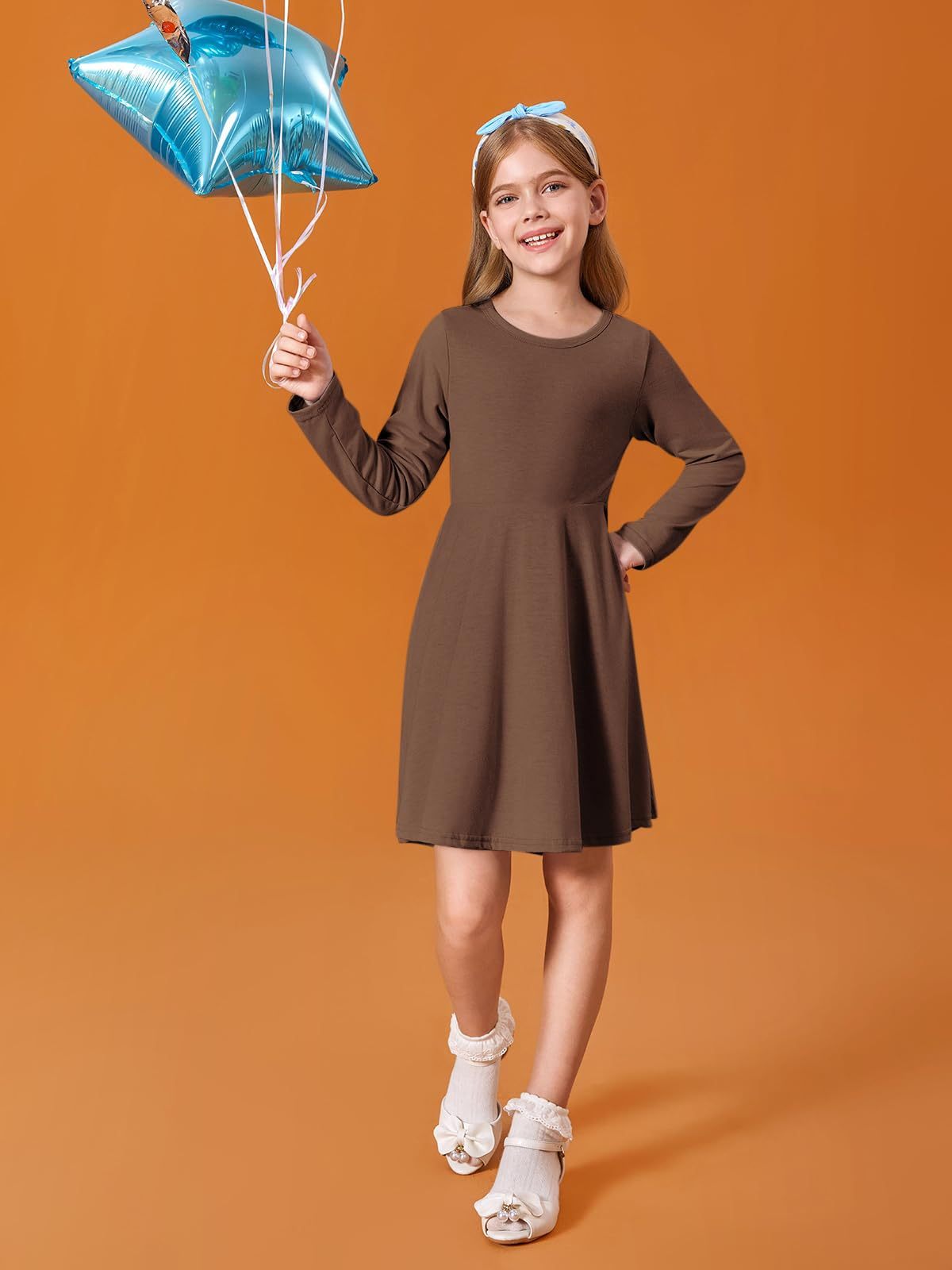 Haloumoning Girls Long Sleeve T-Shirt Dresses Kids Fall A-Line Twirly Skater Dresses 5-14 Years
