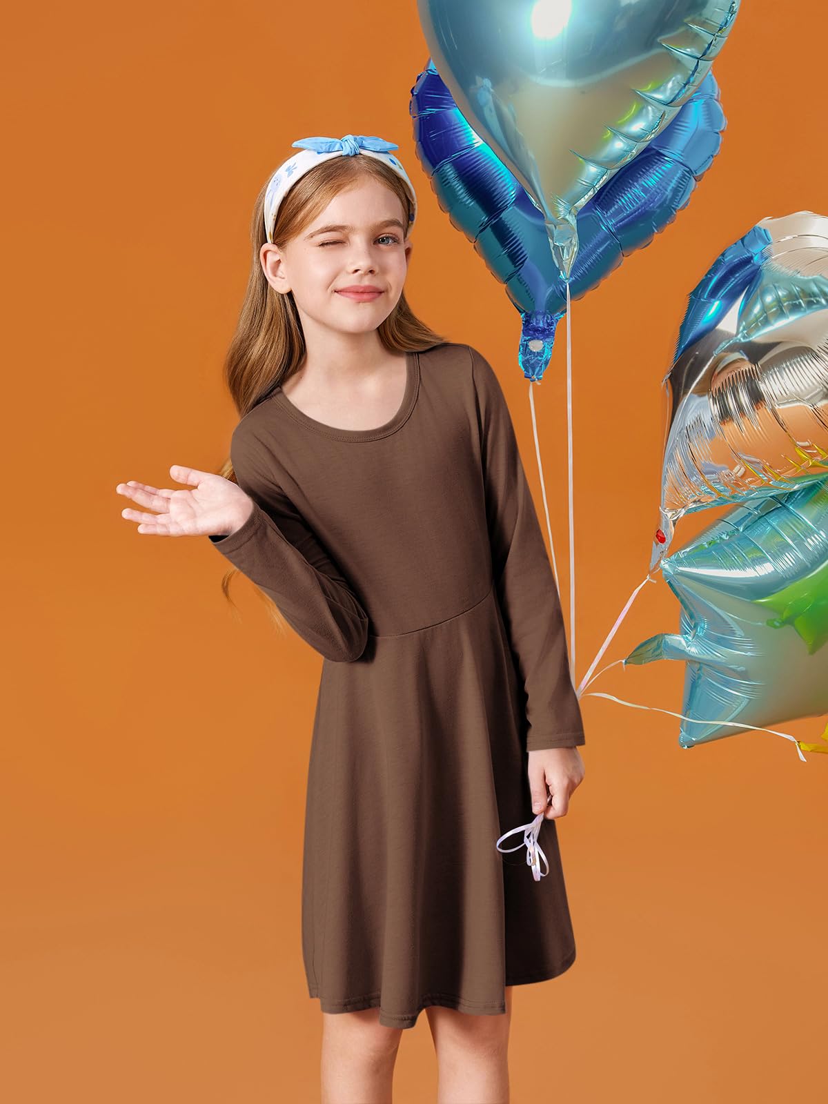 Haloumoning Girls Long Sleeve T-Shirt Dresses Kids Fall A-Line Twirly Skater Dresses 5-14 Years