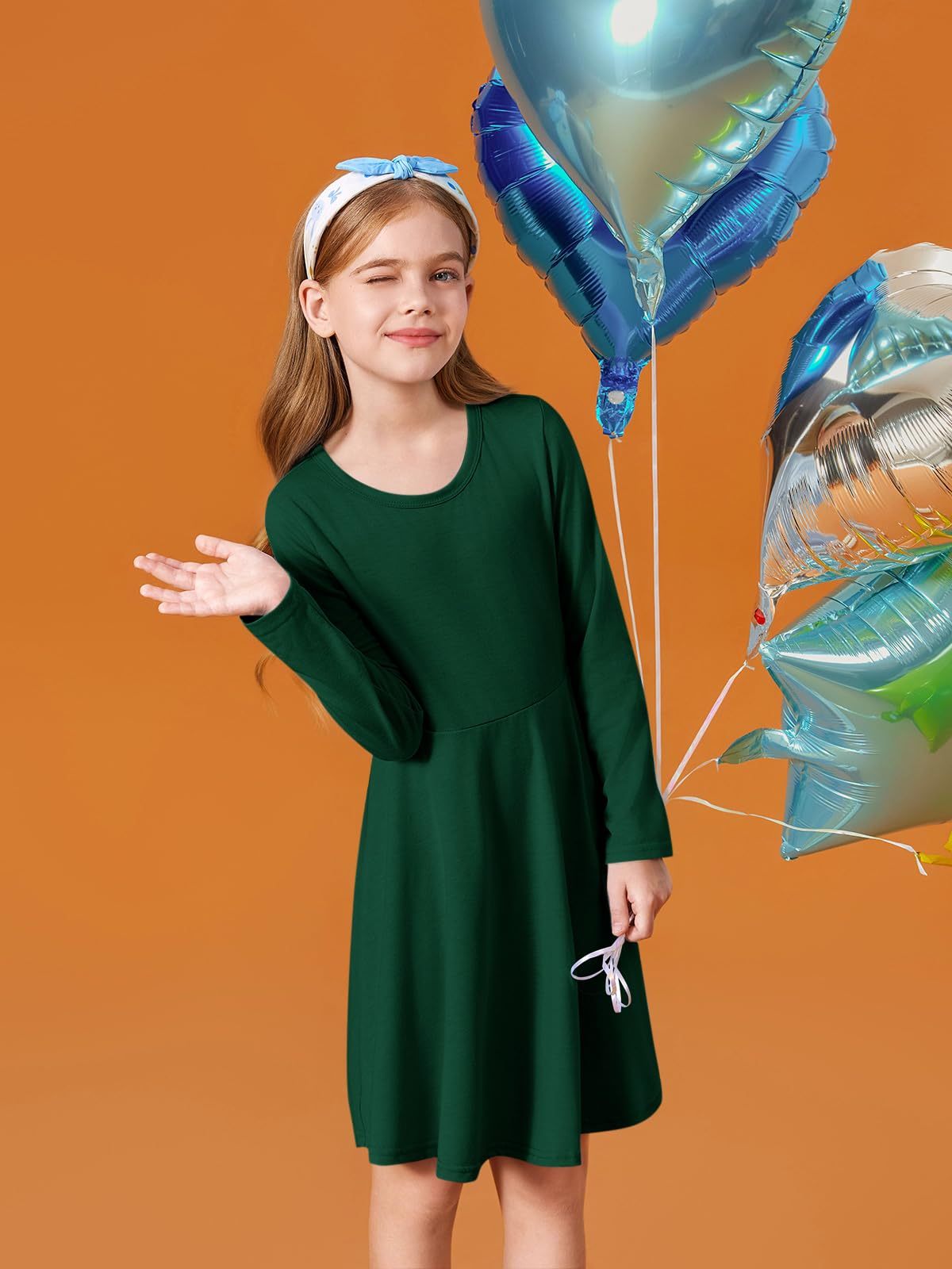 Haloumoning Girls Long Sleeve T-Shirt Dresses Kids Fall A-Line Twirly Skater Dresses 5-14 Years