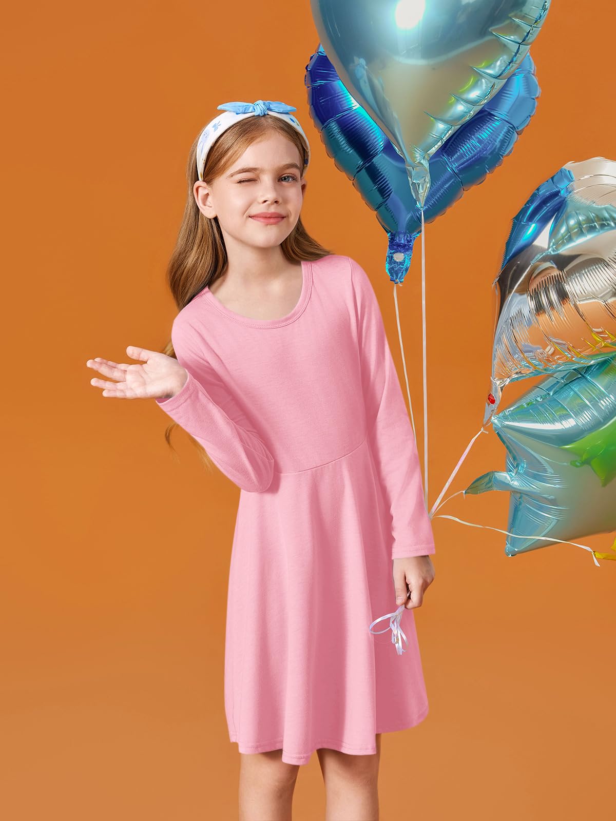 Haloumoning Girls Long Sleeve T-Shirt Dresses Kids Fall A-Line Twirly Skater Dresses 5-14 Years