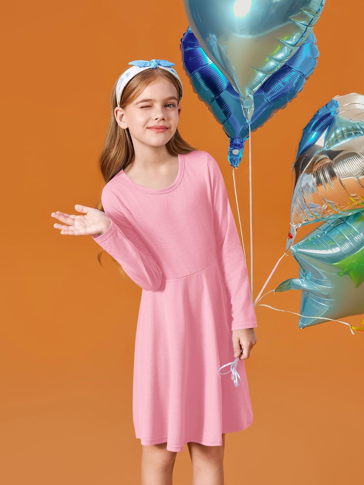 Haloumoning Girls Long Sleeve T-Shirt Dresses Kids Fall A-Line Twirly Skater Dresses 5-14 Years