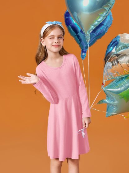 Haloumoning Girls Long Sleeve T-Shirt Dresses Kids Fall A-Line Twirly Skater Dresses 5-14 Years
