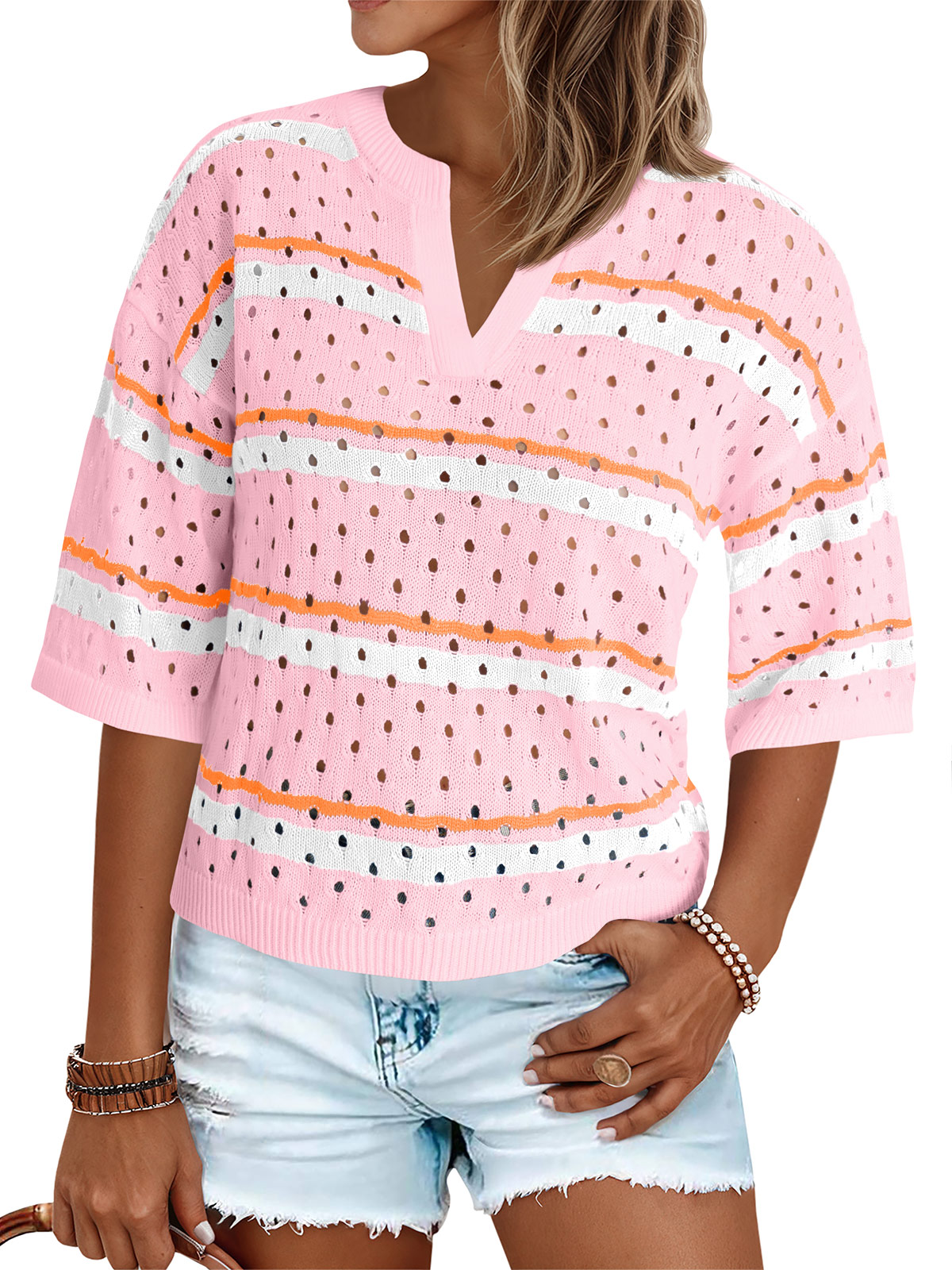 Womens Striped Crochet Knit Tops