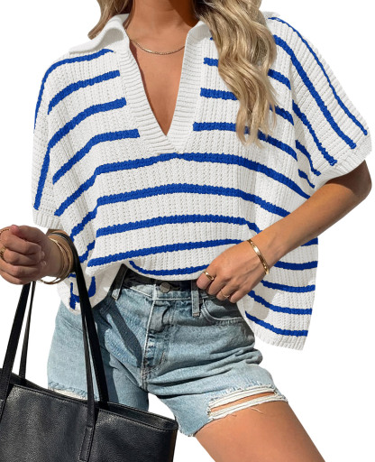 Womens Striped Short Sleeve Sweater Tops