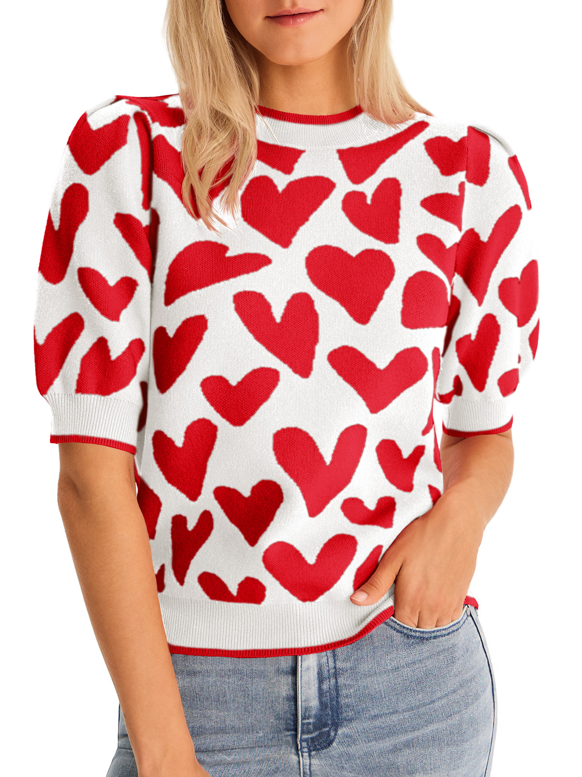 Womens Puff Short Sleeve Heart Sweater