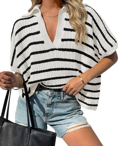 Womens Striped Short Sleeve Sweater Tops