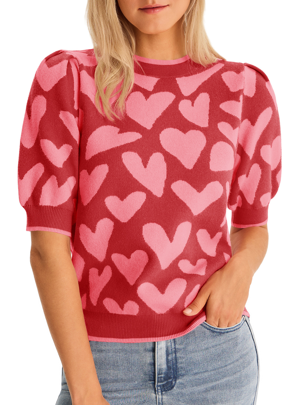 Womens Puff Short Sleeve Heart Sweater