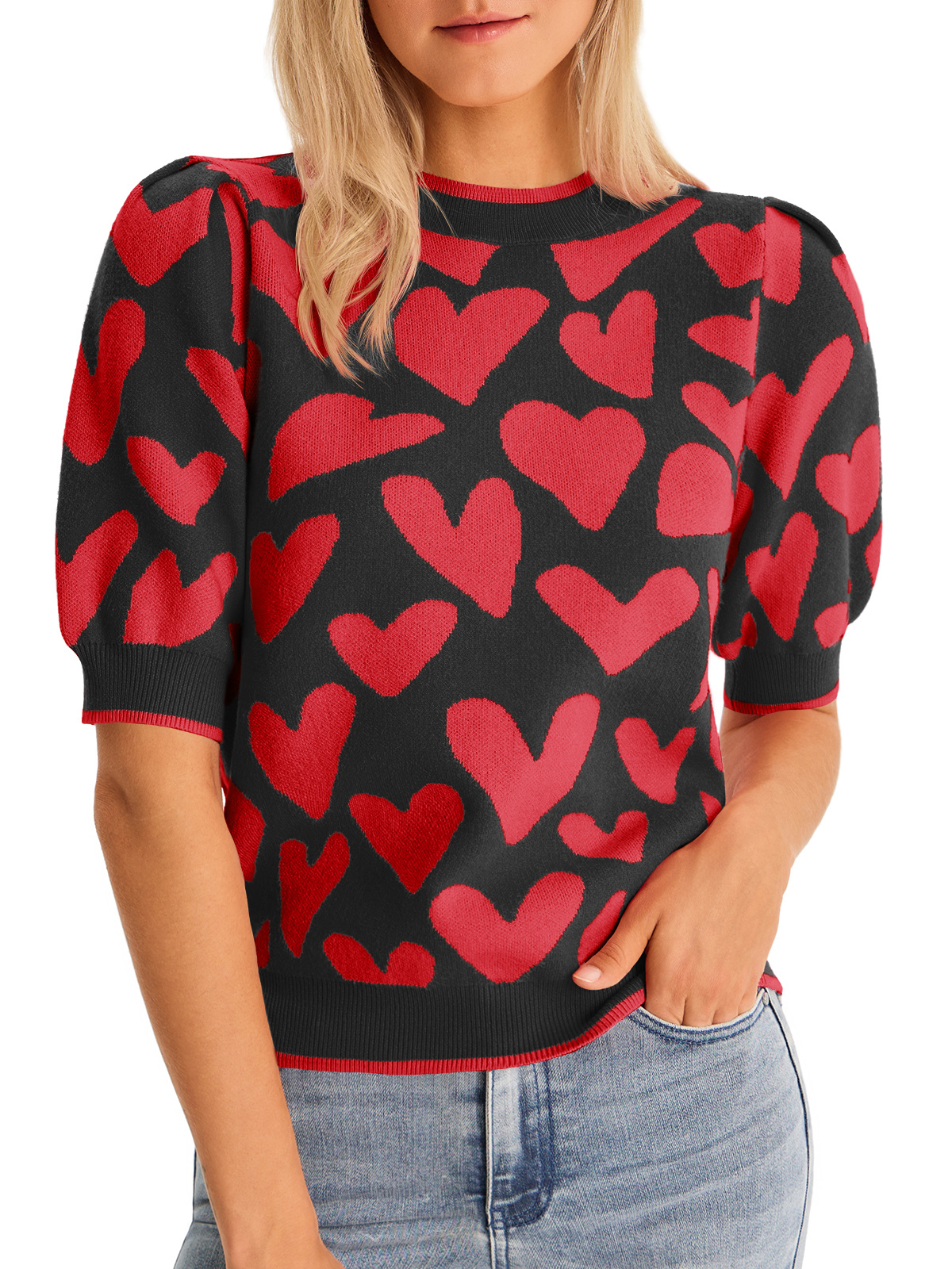 Womens Puff Short Sleeve Heart Sweater