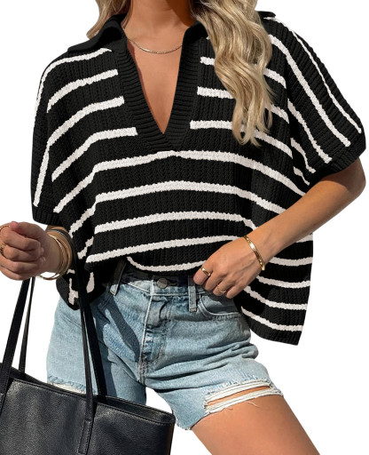 Womens Striped Short Sleeve Sweater Tops