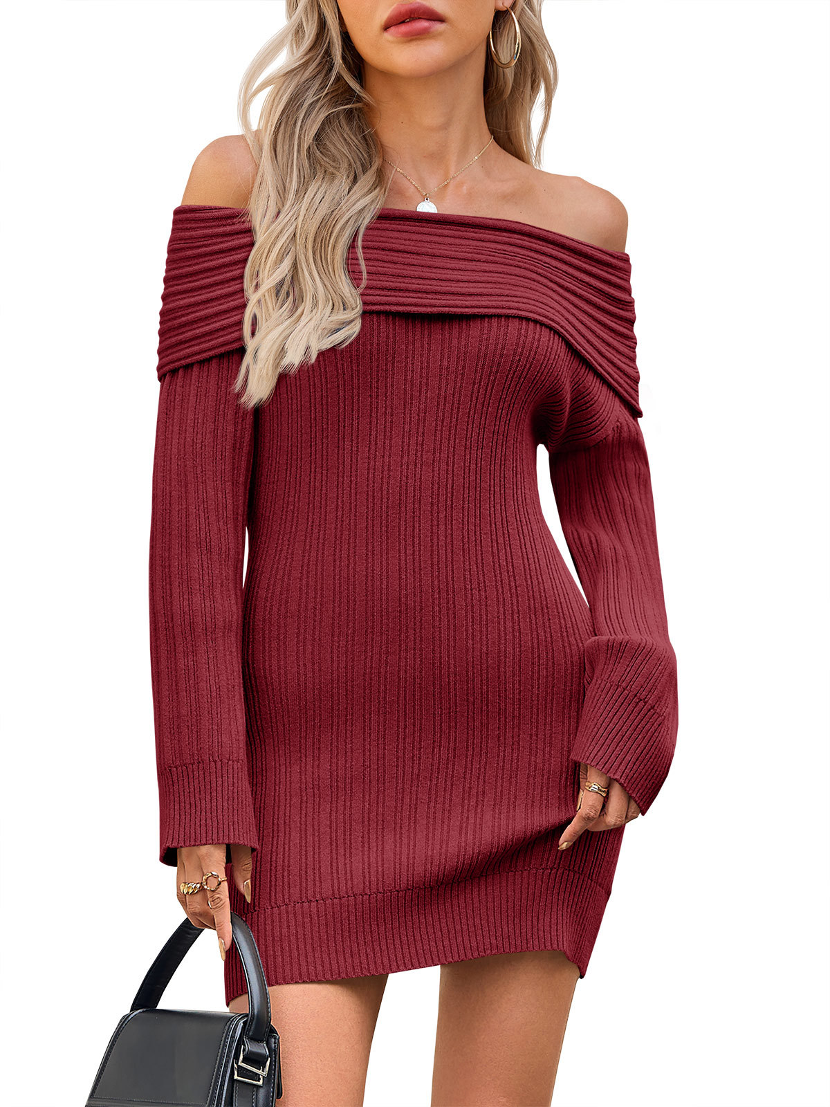 Womens Off The Shoulder Mini Sweater Dress