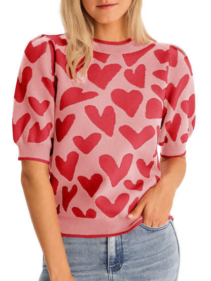 Womens Puff Short Sleeve Heart Sweater