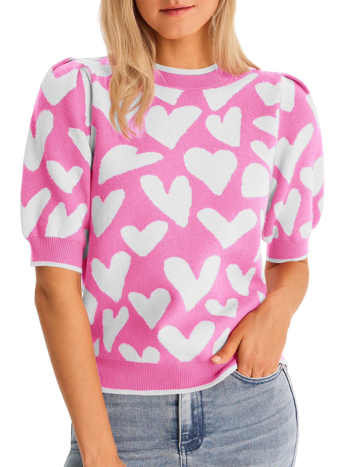 Womens Puff Short Sleeve Heart Sweater