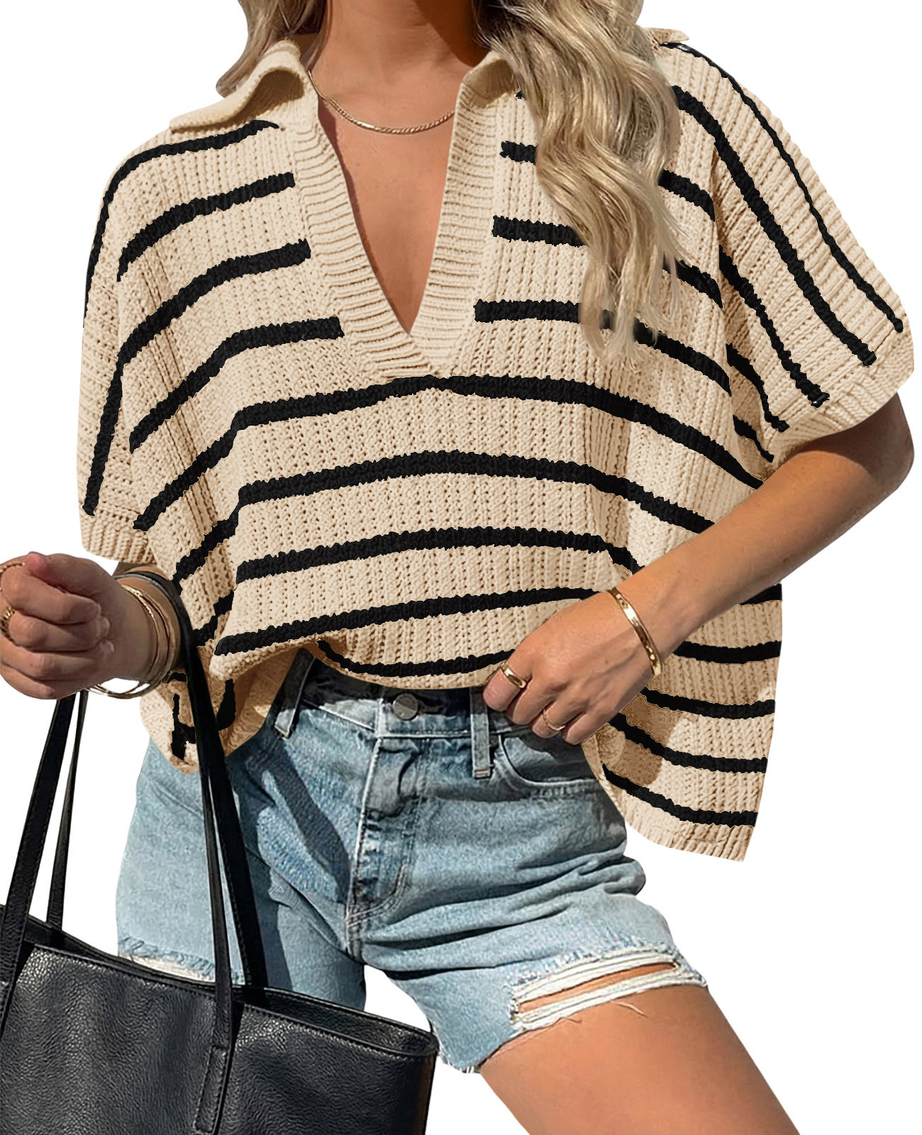Womens Striped Short Sleeve Sweater Tops