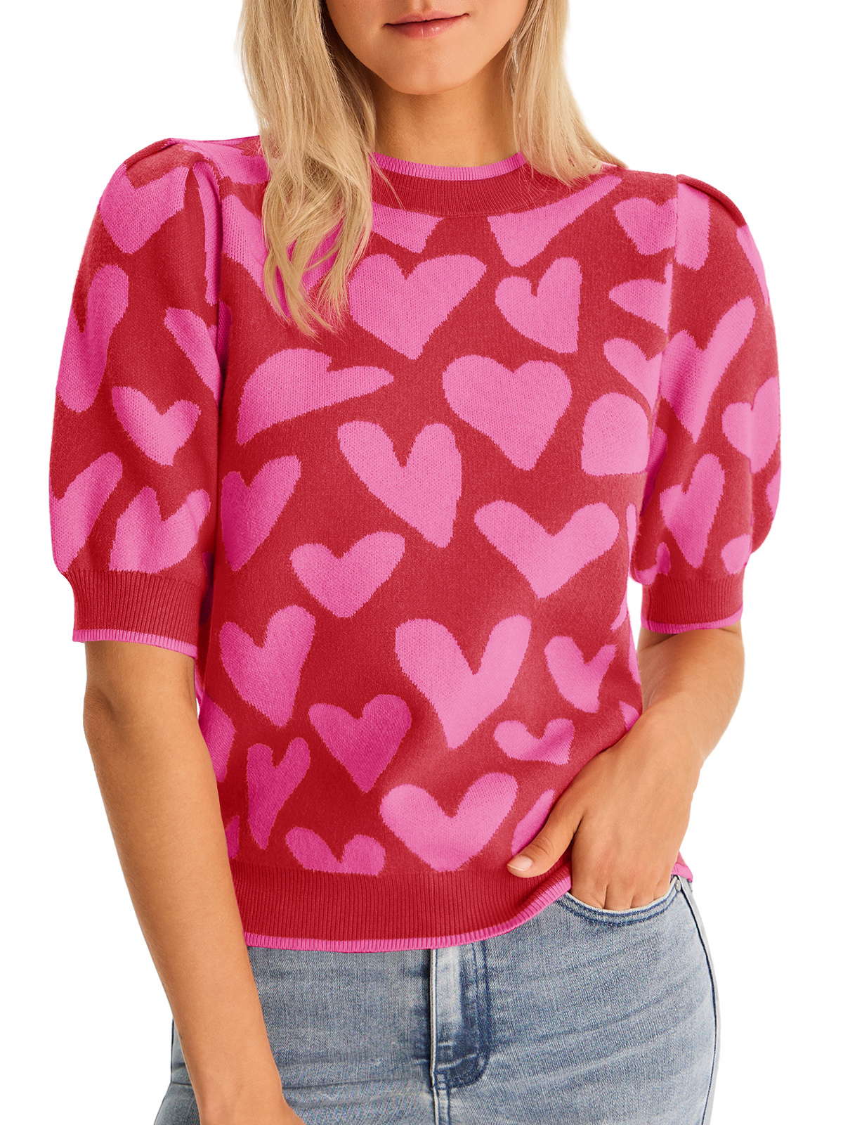 Womens Puff Short Sleeve Heart Sweater