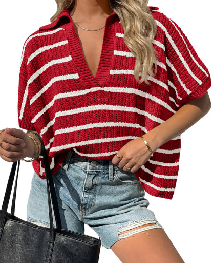 Womens Striped Short Sleeve Sweater Tops