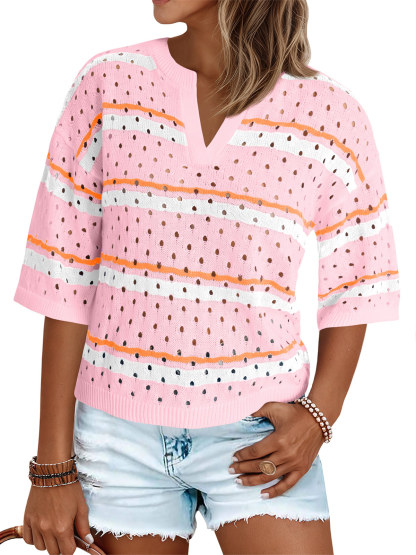 Womens Striped Crochet Knit Tops