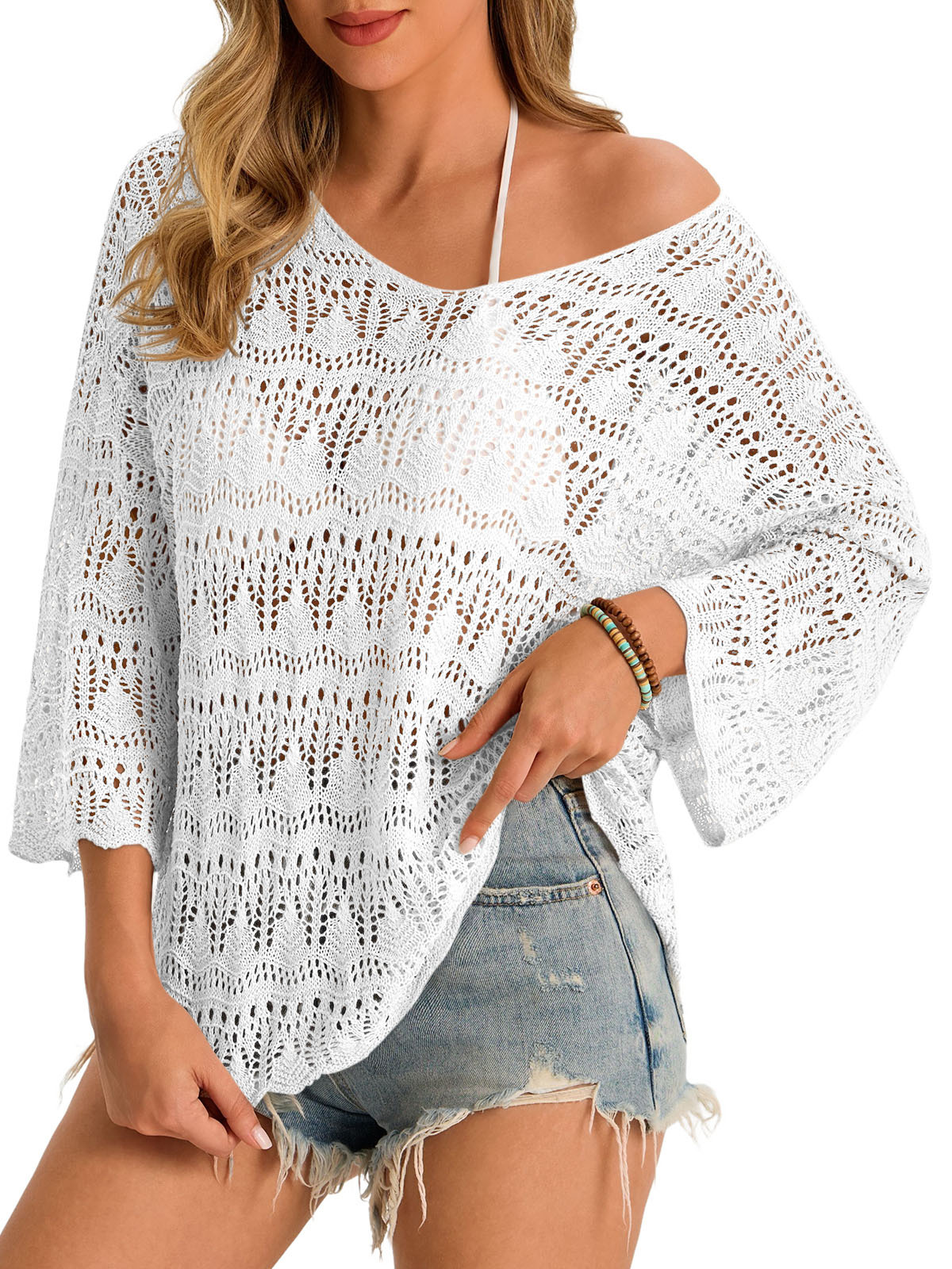 Womens 3/4 Sleeve Crochet Cover Up Tops