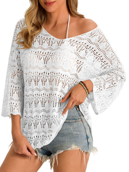 Womens 3/4 Sleeve Crochet Cover Up Tops