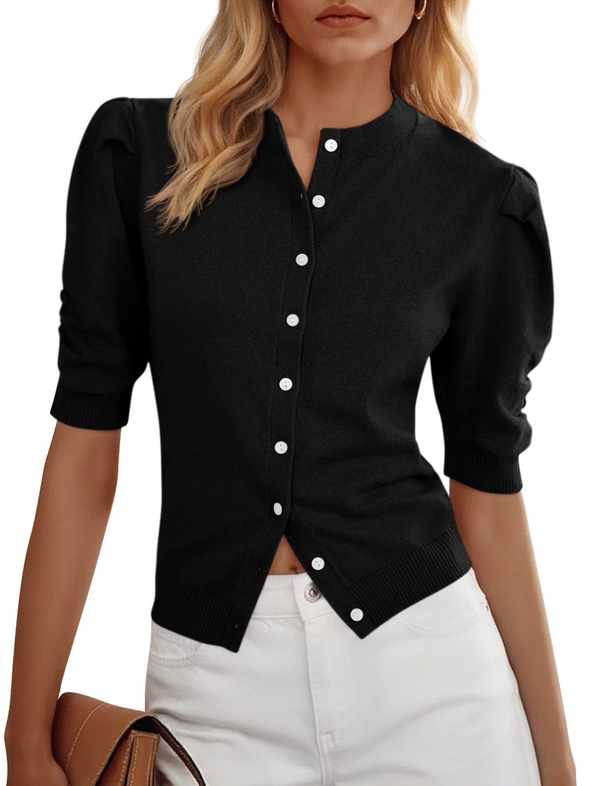 Womens Puff Short Sleeve Cardigan Sweater