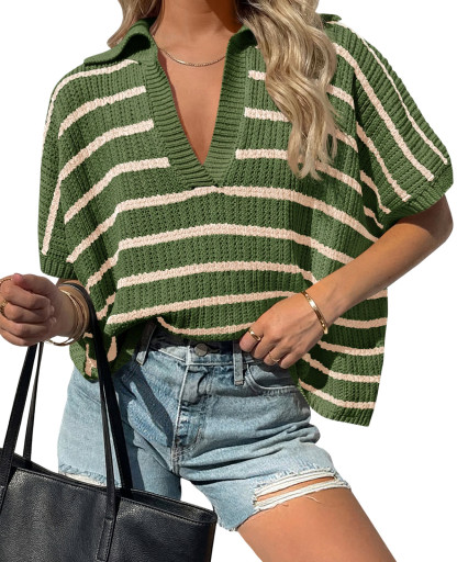 Womens Striped Short Sleeve Sweater Tops