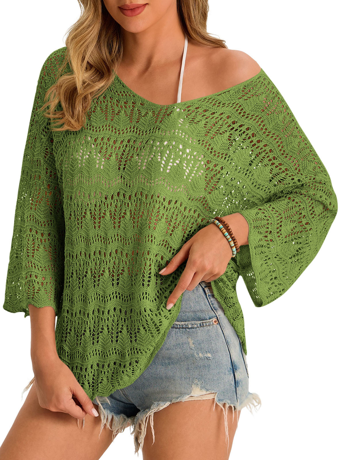 Womens 3/4 Sleeve Crochet Cover Up Tops