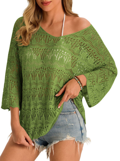 Womens 3/4 Sleeve Crochet Cover Up Tops