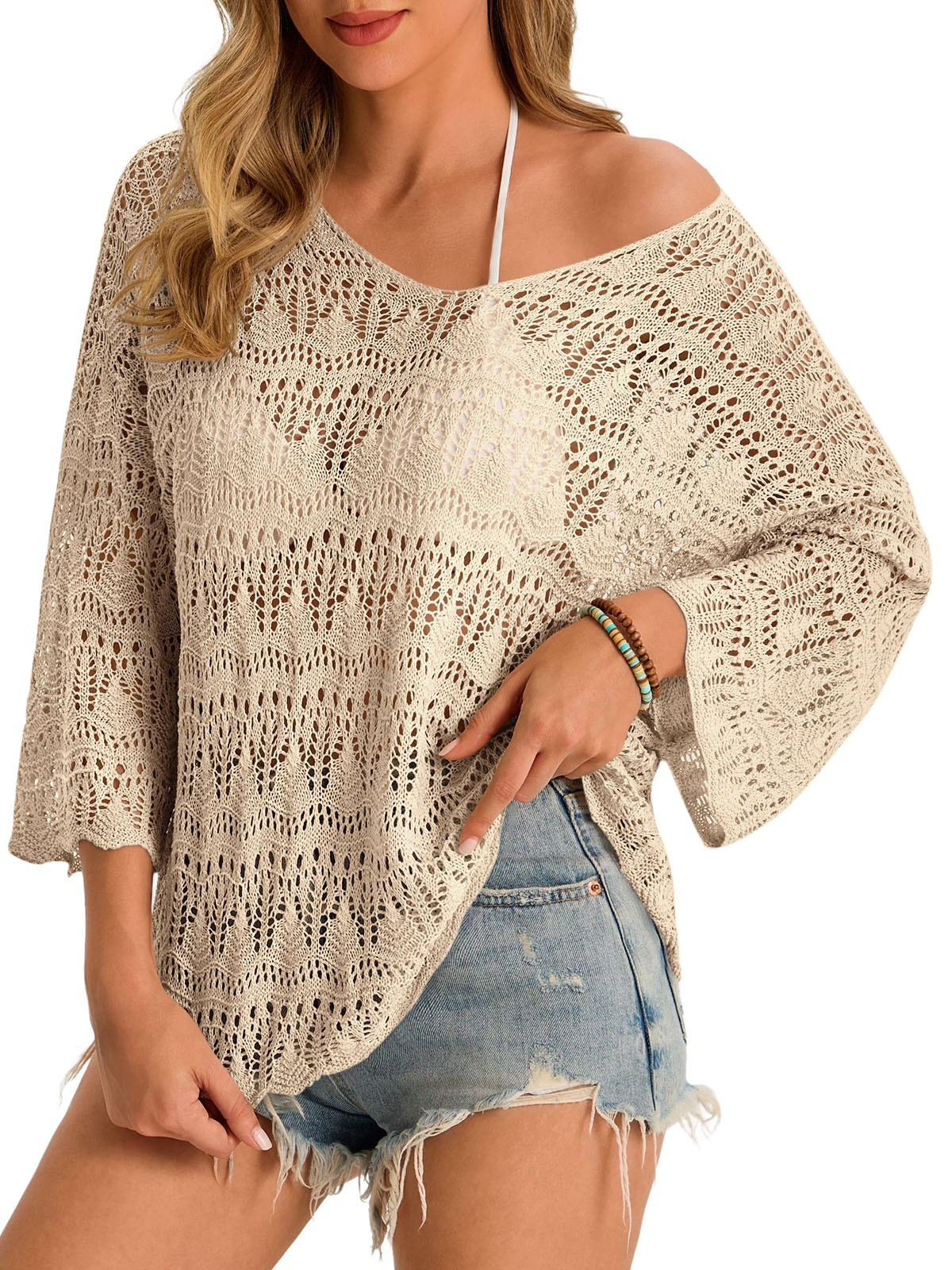 Womens 3/4 Sleeve Crochet Cover Up Tops