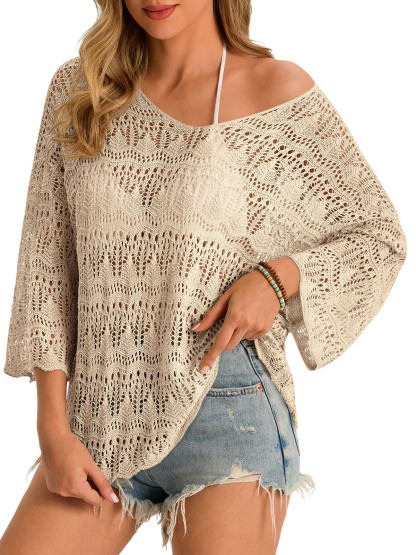 Womens 3/4 Sleeve Crochet Cover Up Tops