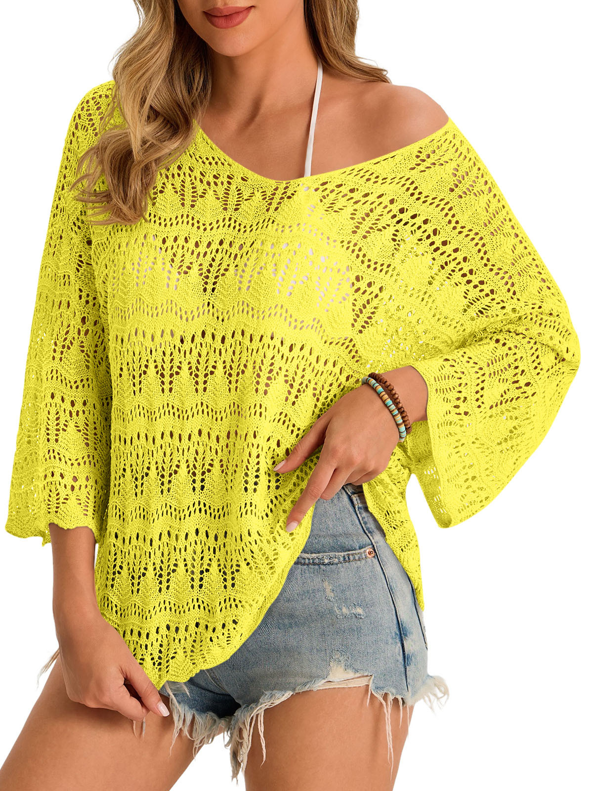 Womens 3/4 Sleeve Crochet Cover Up Tops