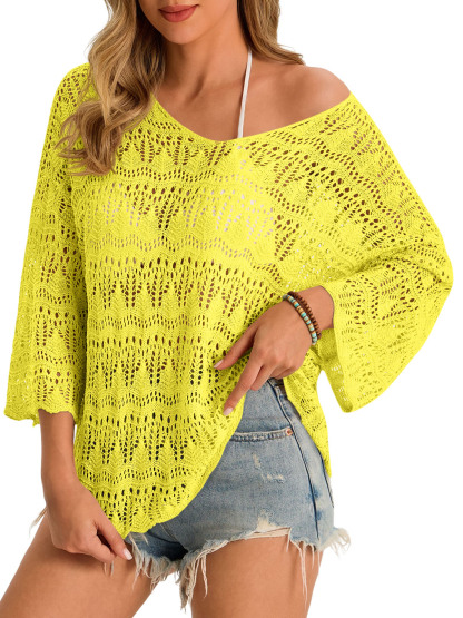 Womens 3/4 Sleeve Crochet Cover Up Tops