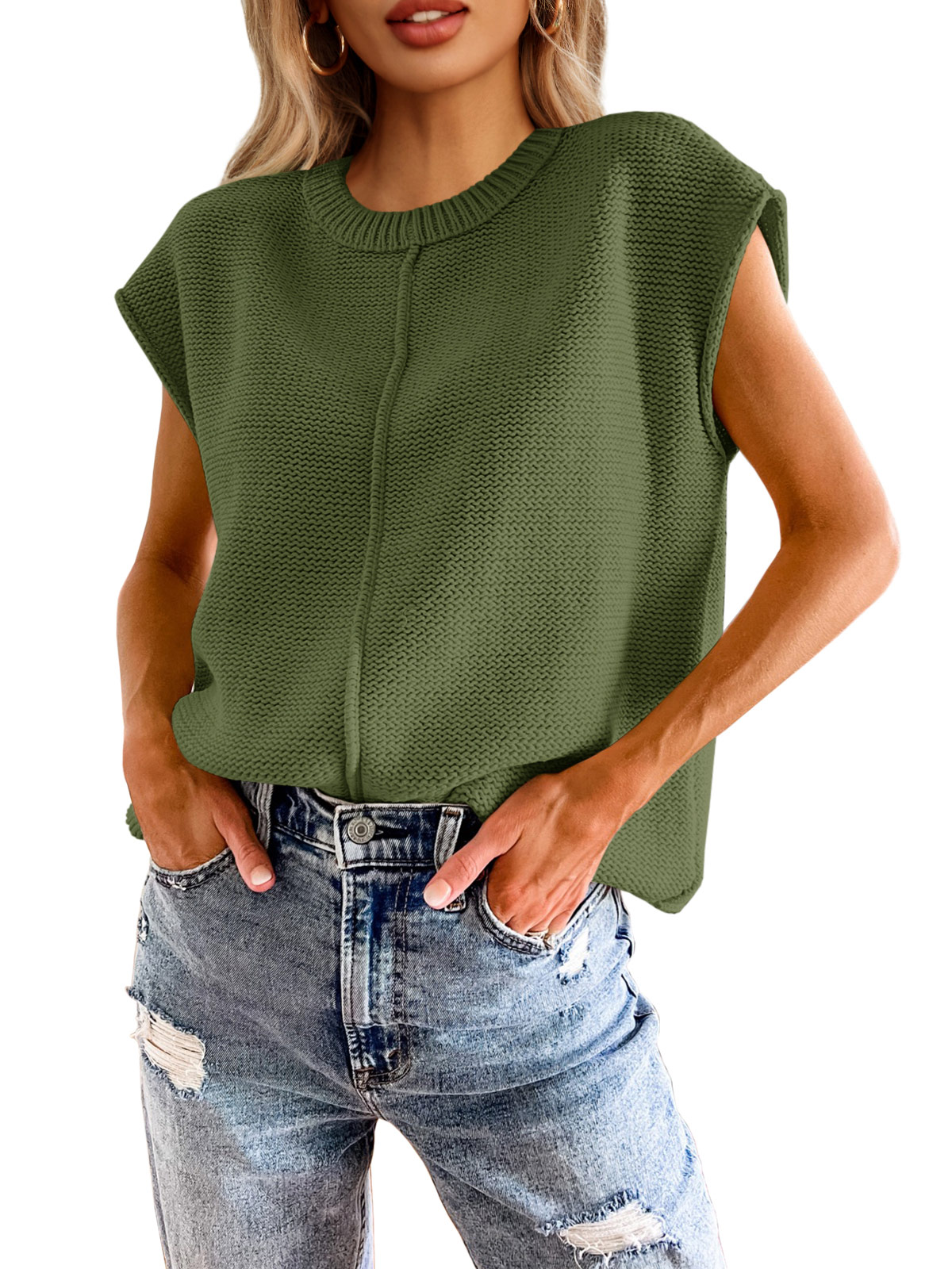 Cap Sleeve Crewneck Sweater Tops