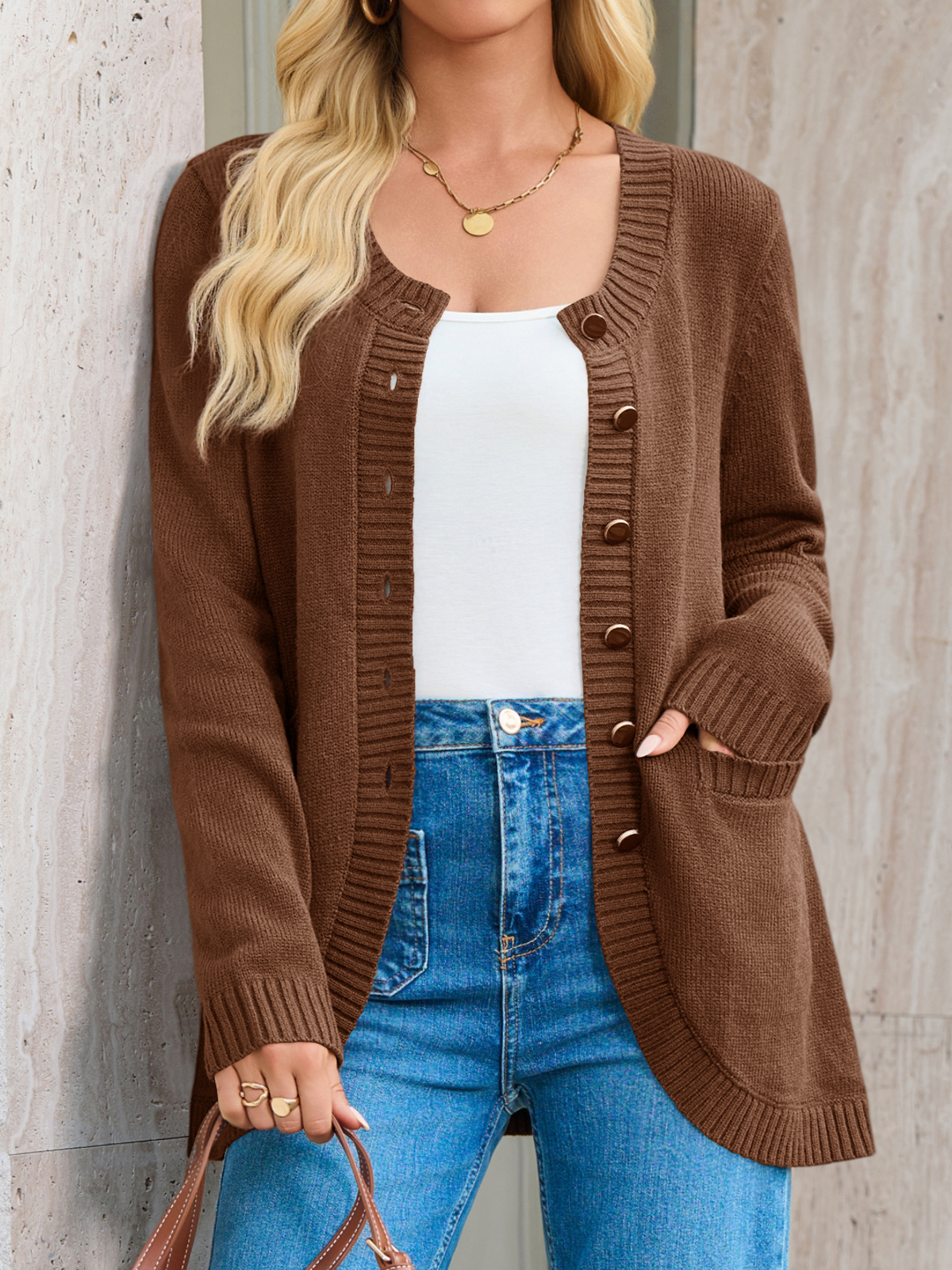 Womens Crew Neck Button Down Cardigan Sweaters