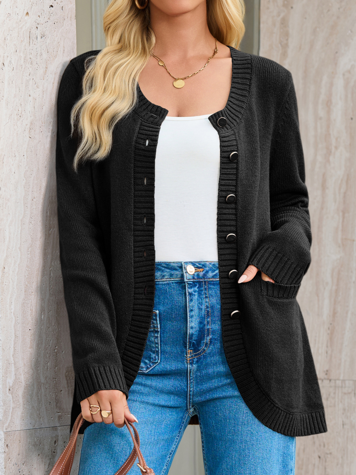 Womens Crew Neck Button Down Cardigan Sweaters
