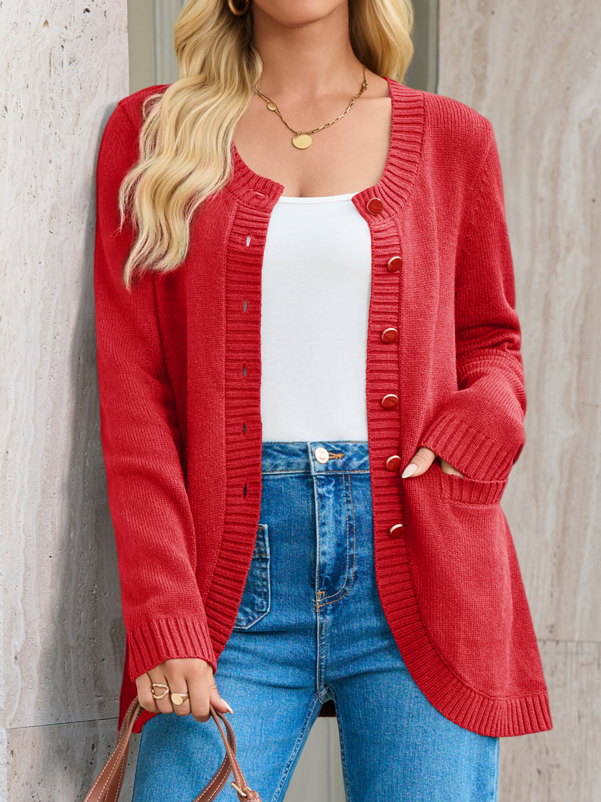 Womens Crew Neck Button Down Cardigan Sweaters